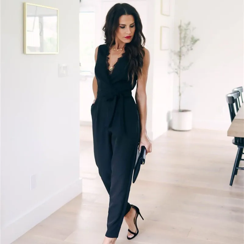 Summer Jumpsuit Women V-neck Sashes Sleeveless black Lace Sexy Party Club Bodysuit Casual Bow Pockets Overalls Vestidos Elegant Summer Jumpsuit Women V-neck Sashes Sleeveless black Lace Sexy Party Club Bodysuit Casual Bow Pockets Overalls Vestidos Elegant