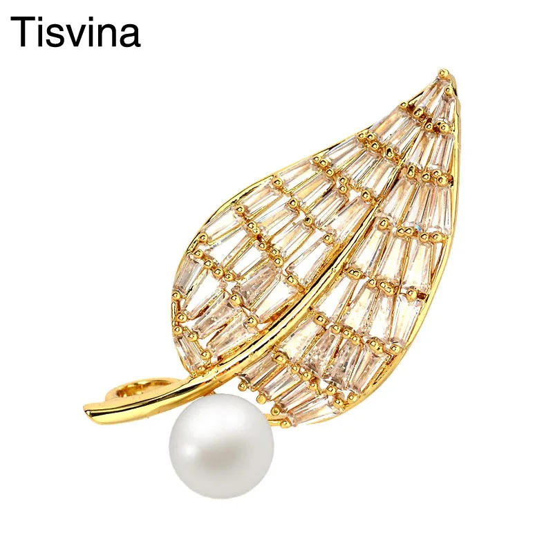 

Tisvina 2018 New Tree leaf Brooches for women with pearls & High quality zircon Pins and Brooch pendant Fine jewelry for lady