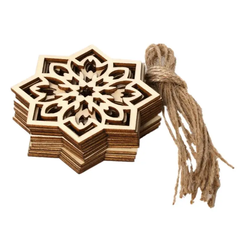 

1 Set Eid Wooden Pendant DIY Eid Mubarak Muslim Festival Natural Wood Snowflake Hanging With Ropes Hollow Ramadan Home Decoratio