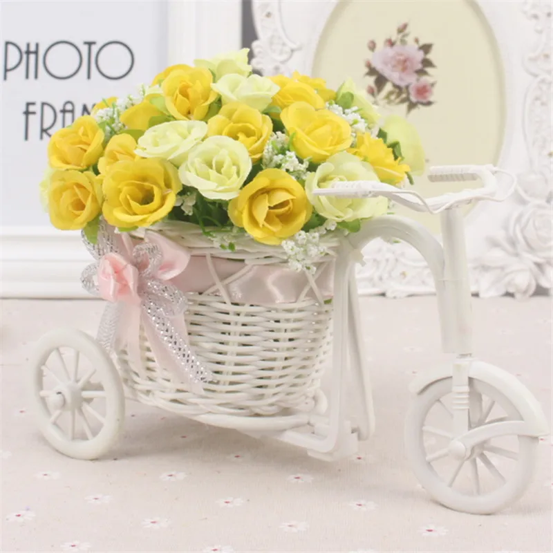 Один набор искусственных роз(ваза из ротанга+ цветок) Шелковая Роза с рамами из ротанга для велосипедов декоративная для домашнего декора - Цвет: I