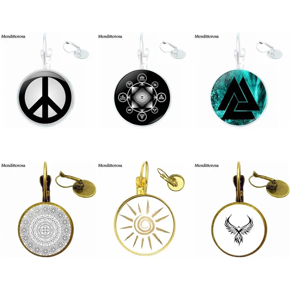 

EJ Glaze Viking Peace Rune For Women Kids Glass Cabochon Bronze/Silver/Golden Clip Ear Hook Drop Earrings Jewelry