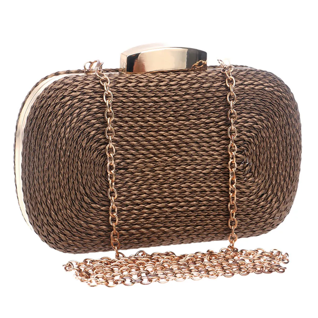 Handwork Straw Weaving Women's Evening Handbags Solid Color Chain Party Sparkly Hasp Clutch Purse Single Shoulder Cross Bags#T