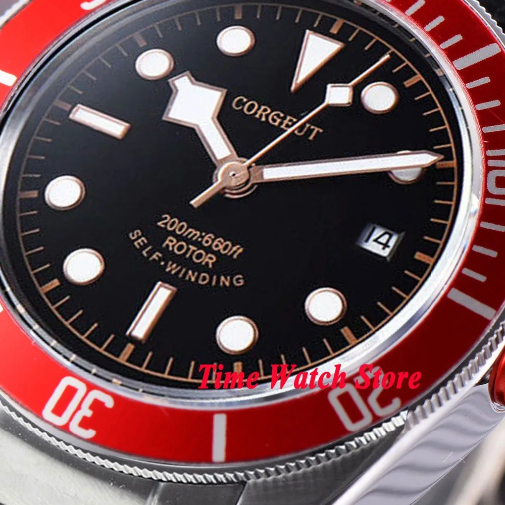 Corgeut 41 мм Miyota 8215 20 атм автоматические мужские часы с сапфировым стеклом Водонепроницаемый черный циферблат Светящийся красный ободок SS браслет Co99
