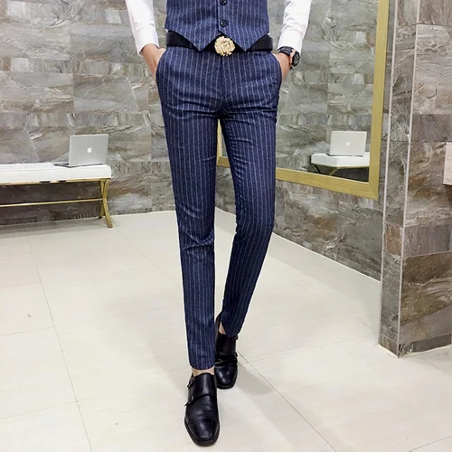 blue Мужской полосатый костюм брюки Размер 5XL Slim Fit мужские серые брюки удобные и элегантные - Цвет: blue