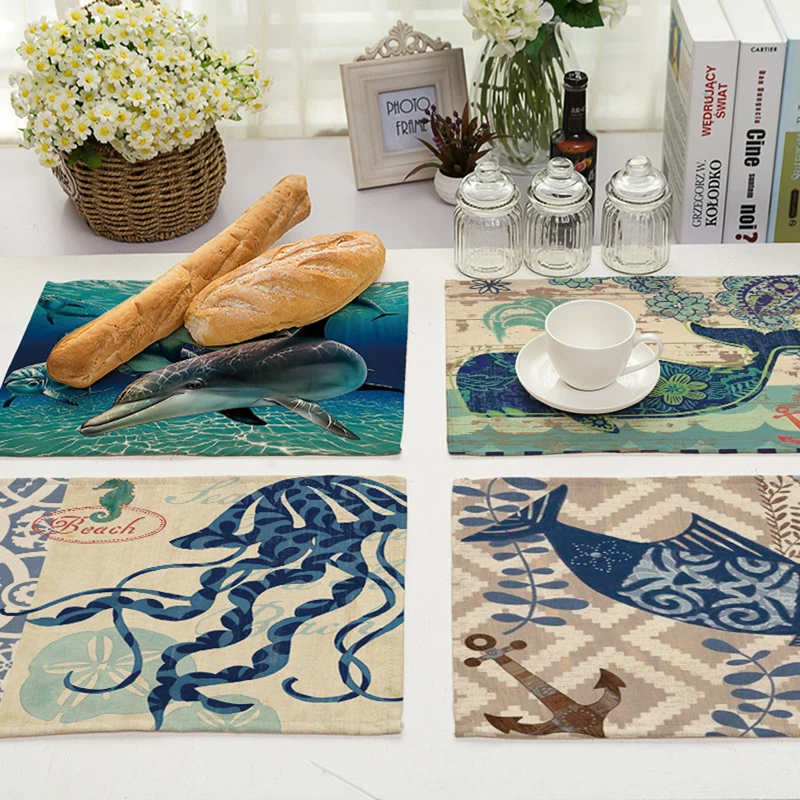 Sea Animal Cotton Linen Octopus Turtle Conch Print Table Pads Dishware Placemats For Dinner Kitchen Accessories Coaster Wine Mat