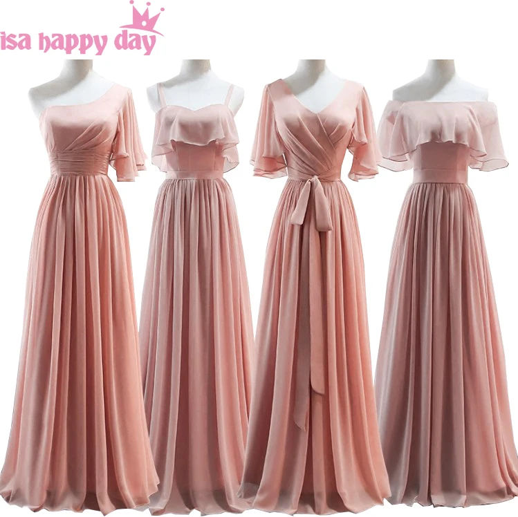 

dark pink blush long women chiffon v neck capped a line bridemaid long dress fitted bridesmaid dresses for wedding H4132