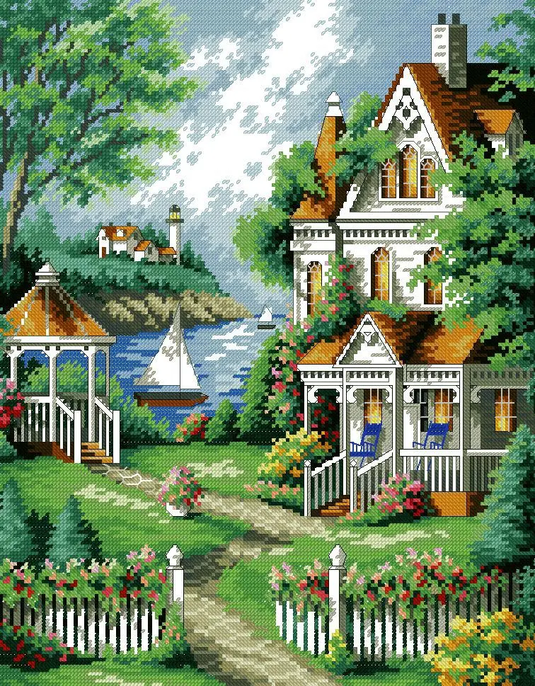 

Needlework,DIY DMC Cross stitch,Set For Embroidery kit,Scenic,cottage,garden Europ villa Pattern Counted Cross-Stitch Wall Decor