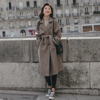 

Brand Winter Overcoat Women Wool Blends Coat Long Plaid Double-Breasted with Belt Lady Autumn Outerwear Female Jackets Fashion
