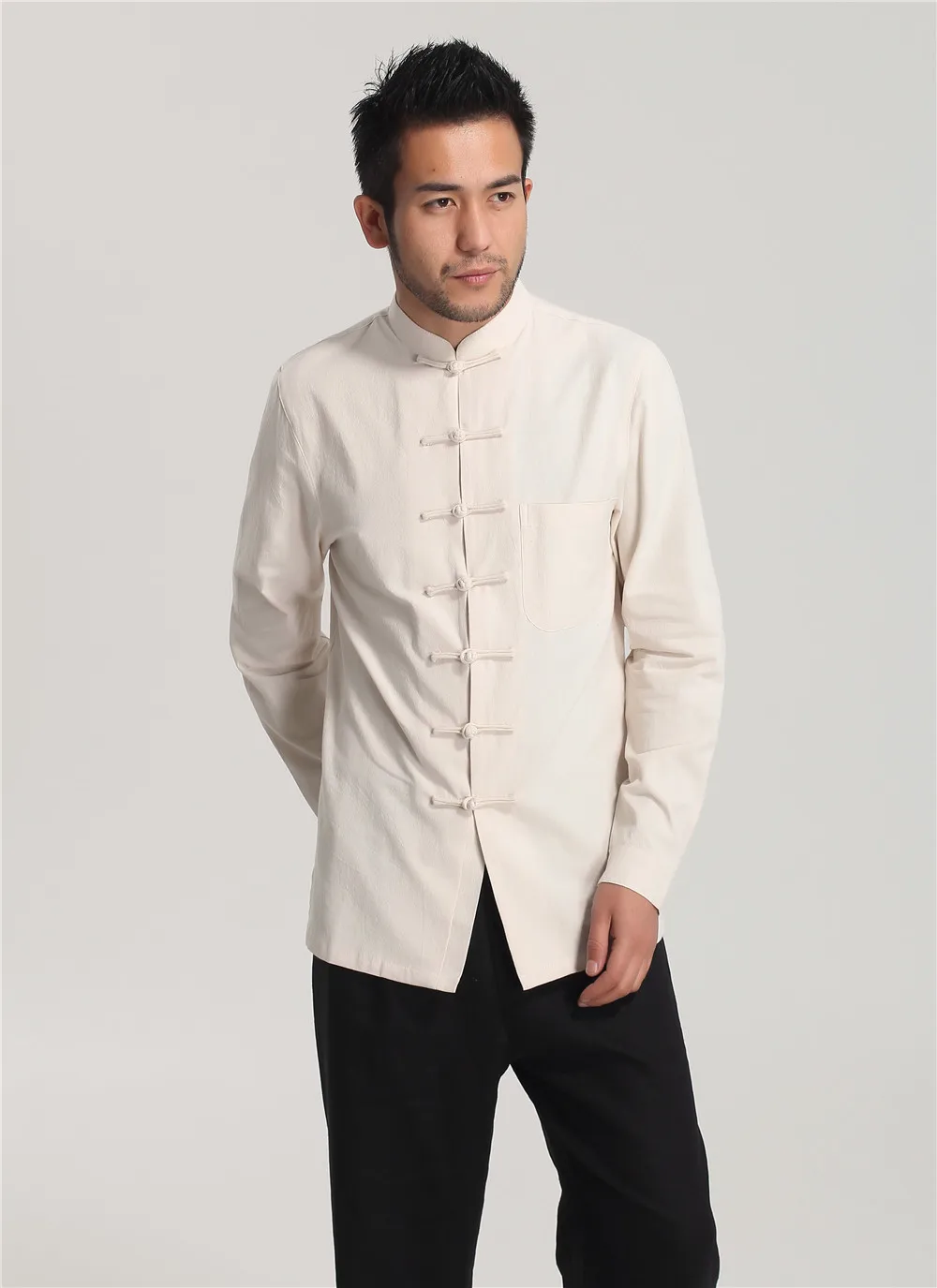 Повседневное из хлопка и льна кунг-фу однотонные белые китайские Для мужчин Тай чи рубашка с длинными рукавами Пальто M L XL XXL XXXL PM002