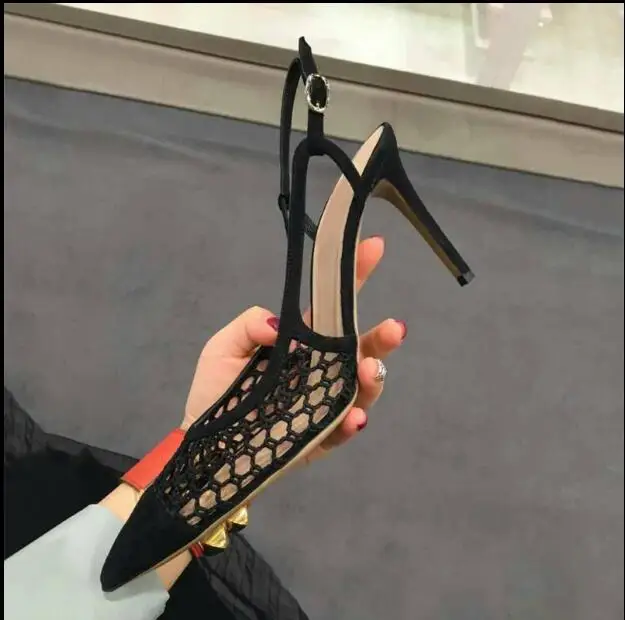 

New shallow mouth mesh super sexy pointed stiletto single shoes female black baotou back with a word with high heel sandals