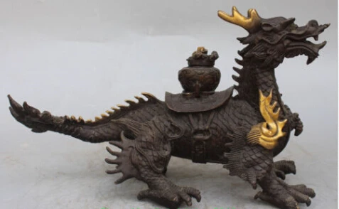 

JP S0072 13" Chinese Bronze Gilt Auspicious symbol Wealth Dragon Turtle Tortoise Statue