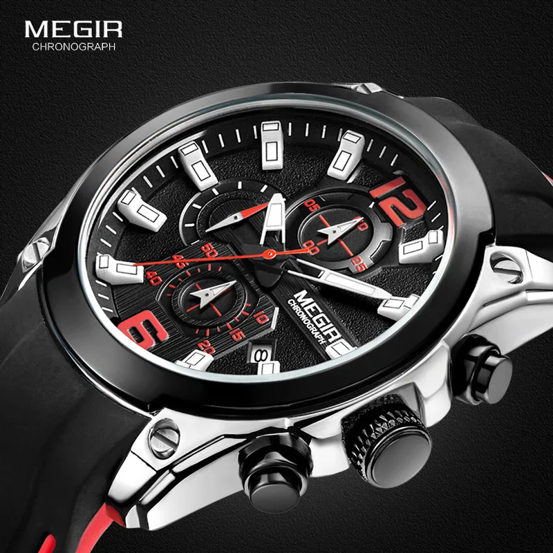 Megir Cronografo da Uomo Analogico Al Quarzo Orologi di Moda Cinturino In  Gomma di Sport Orologio Da Polso con Le Mani Luminose per I Ragazzi 2063GS  BK 1|wristwatch sport|wristwatch menswristwatch boy -