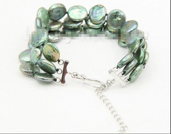 

Free shipping >>>>>>adjustable 7"-9.5" 3row 12mm coin fastener green pearls bracelet j10038