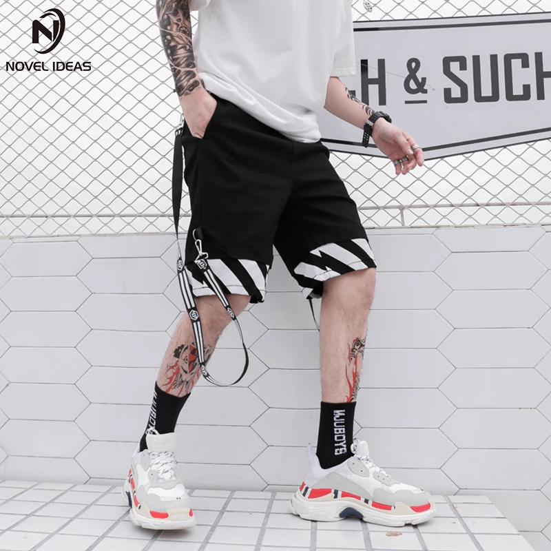 

Novel ideas Side Buckle Ribbon Casual Cargo Shorts Mens Summer Hip Hop Pockets Solid Color Knee Length Short Pants Streetwear