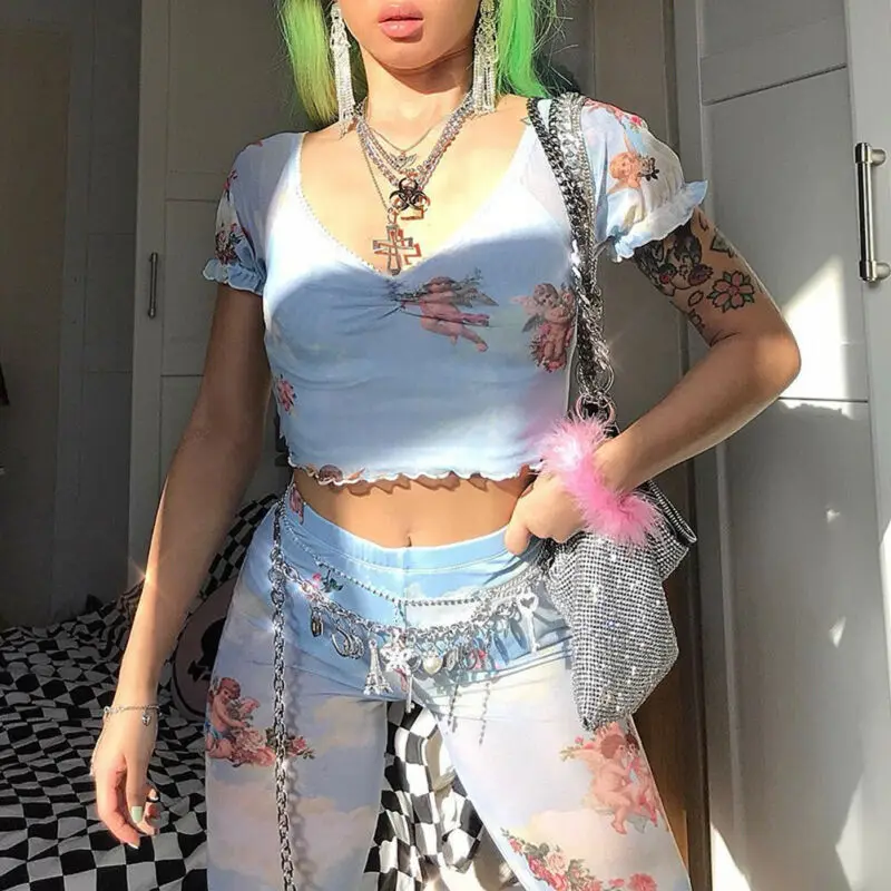 

New Fashion Women See-through Sheer Mesh Fishnet T-Shirt Crop Top Cute Angel Printed Female Summer Mesh Tops