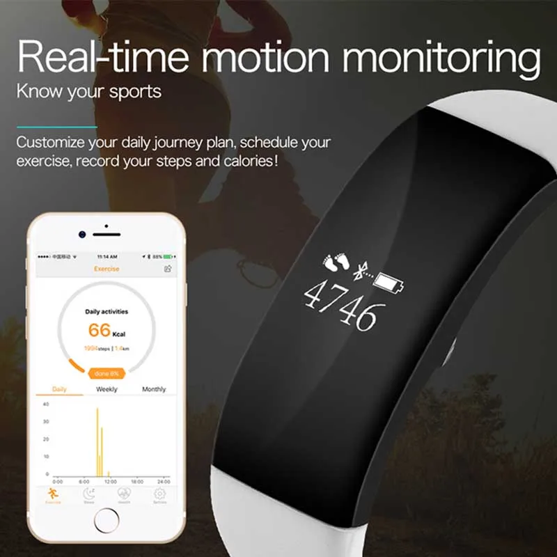 

ID117 Smart Wristband Watch Heart Rate Monitor Blood Pressure Men and Women Intelligent Silicone Wristwatch with Charging Cable