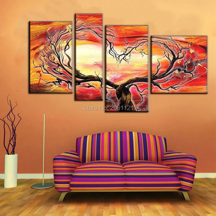 Handpainted 4 Piece cheap Canvas Wall Art red design tree heart Abstract Landscape Picture Oil ...