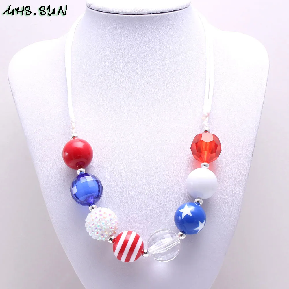 BN576-1 (4),$1.8-1PC,50g.4th July USA Flag Style Kids Baby Chunky Strand Beaded Necklace Cute Bubblegum Necklace Rope Chain Choker Necklace 1PCJPG