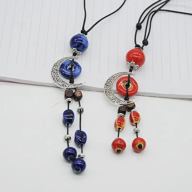 

Handmade Necklaces Pendant Necklaces Vintage Ethnic Strand Ceramic Geometric Long Blue Collane Silver Moon for Donna Colgante