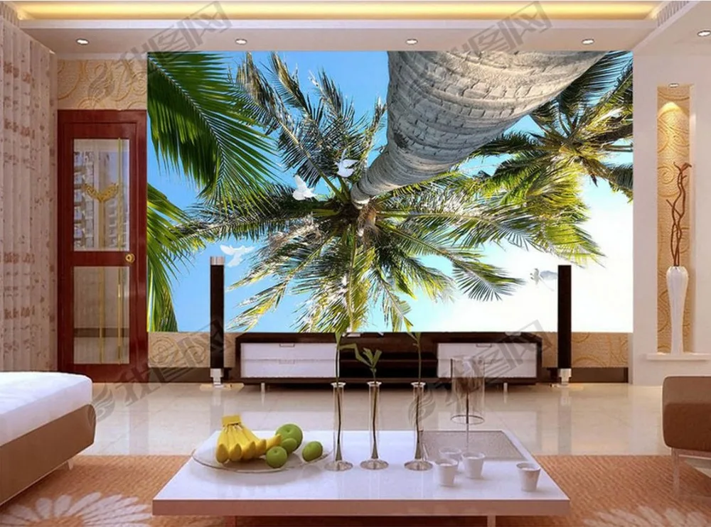 Custom 3d photo wall mural wallpapers for living room Coconut Tree Blue Sky White Cloud Pigeon TV landscape wallpaper | Обустройство