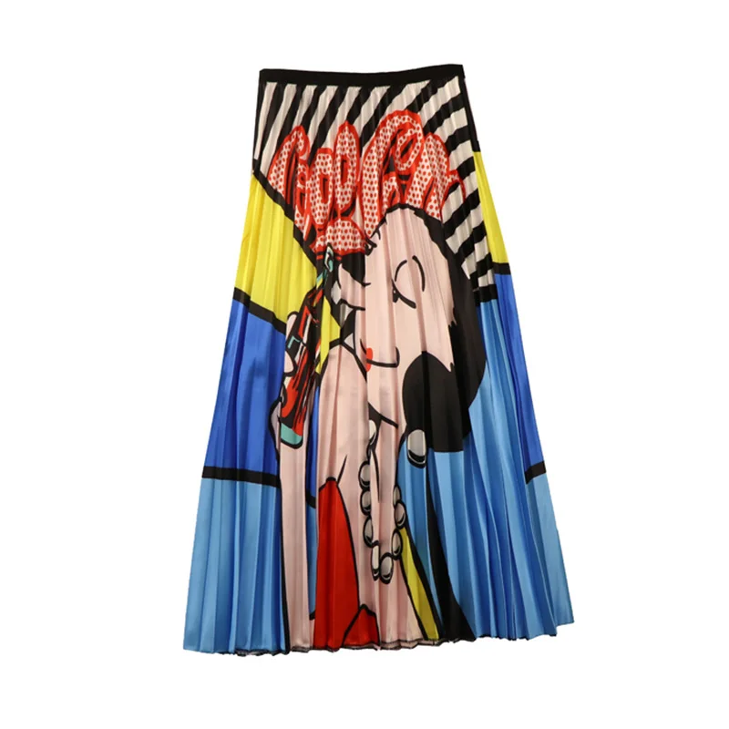 

Women's Harajuku Skirt Pleated Cartoon Print Elastic Waist Graphic Skirts Lady Summer Japan Womens Spodnica Falda Female SP619