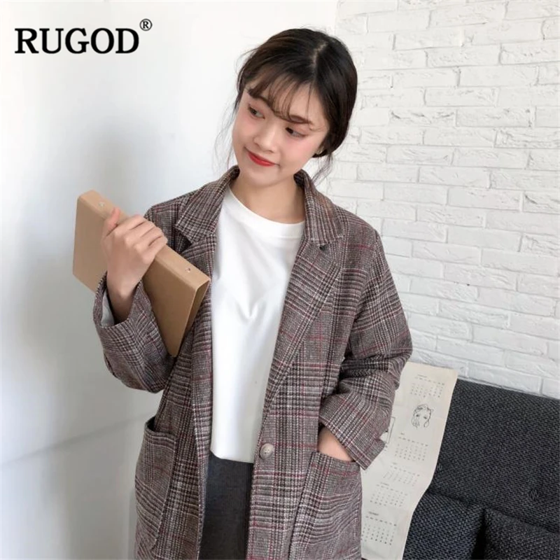 RUGOD 2018 элегантный офисный женский пиджак винтажное клетчатое пальто с длинным