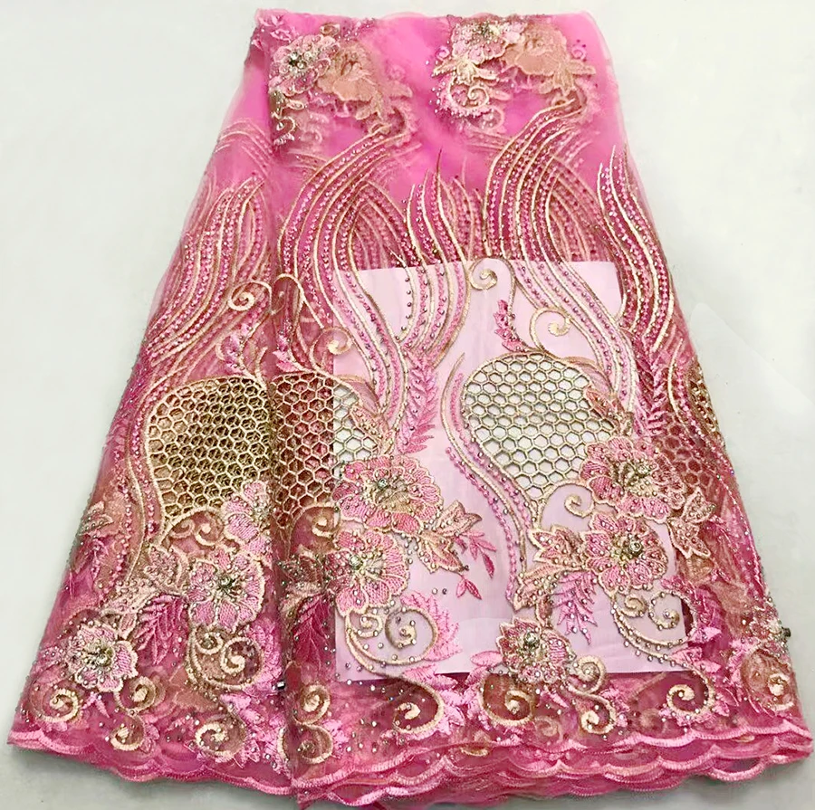 

2018 African Cord Lace High Quality French Lace Fabric With Stones Pink Color African Lace Fabric For Nigerian Wedding Dress