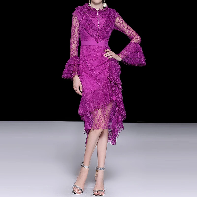Gaine Printemps Qualité Mode Supérieure Vintage Longues 2019 Designer À Dentelle De En Manches Parti Pourpre Femmes Volants Robe Nouveau Pour cYdwf6dq
