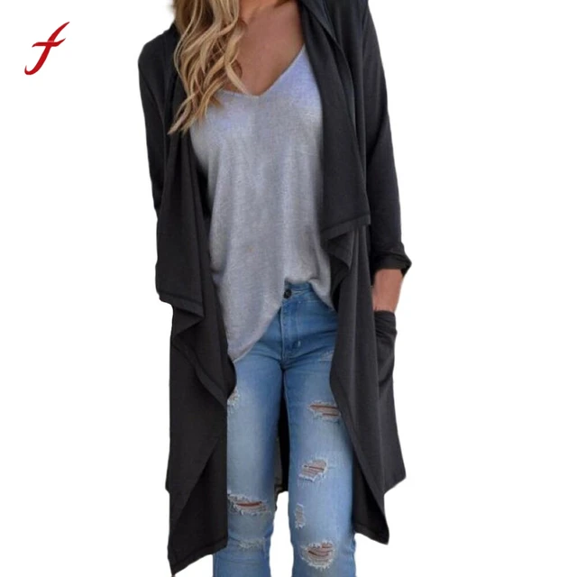 Feitong Women Irregular Long Cardigan Fashion Long Sleeve Hooded