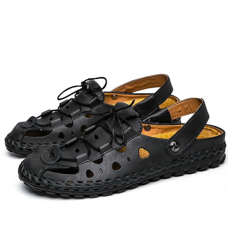 Мужская Летняя обувь; мужские сандалии ручной работы из натуральной кожи; два стиля; модные шлепанцы; дышащая удобная пляжная обувь - Цвет: Black