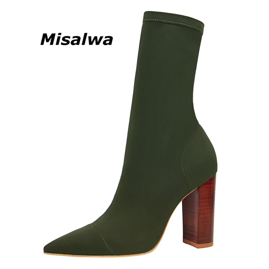 

Women Ankle Lycra Boots Thick Wood Print Square Super High Heel Stretch Elastic Boots Pointed Toe Office Lady Woman Socks Boots