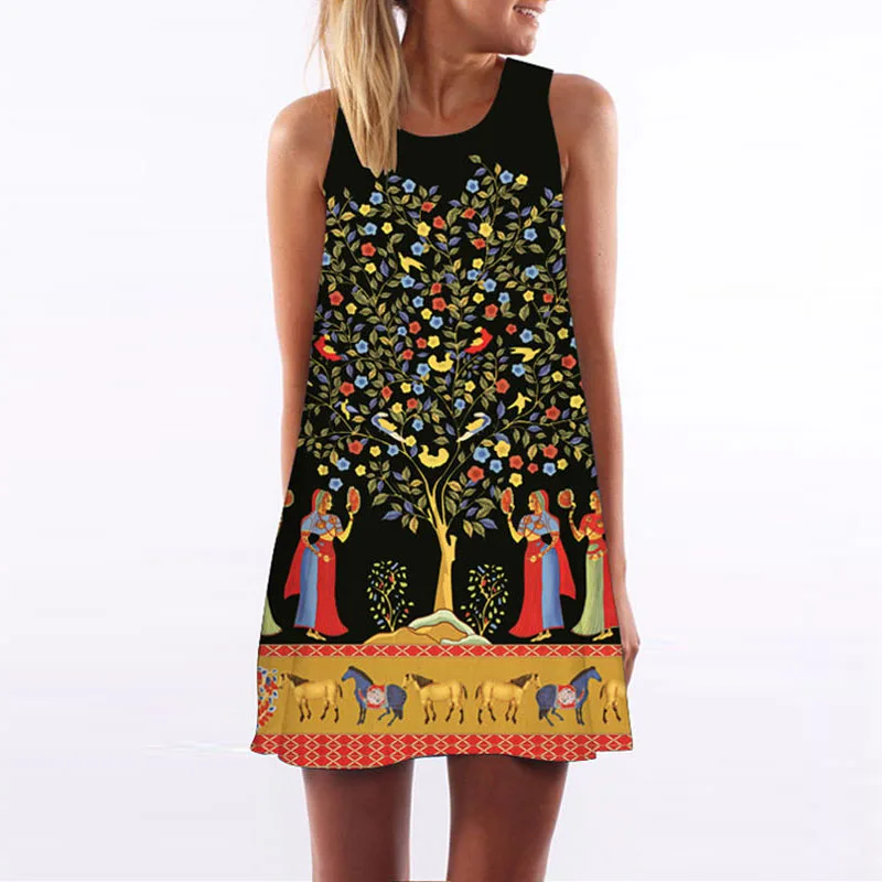 Summer Women Tank Dress Geometric Printed Sleeveless Casual Loose Party