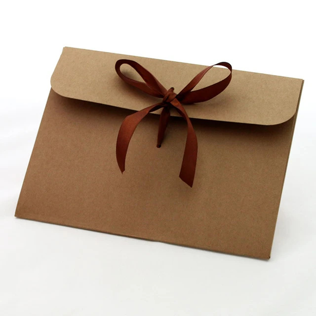 Silk Ribbon Closure Brown Kraft Paper Flat Pack Gift Boxes Wholesale