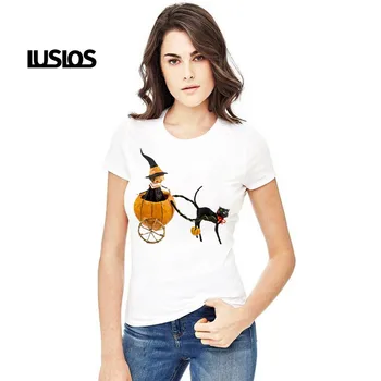 

LUSLOS Funny female t-shirt Halloween Black Cat pulling Pumpkin Car graphic tees women T-shirt women's cotton lady short sleeve