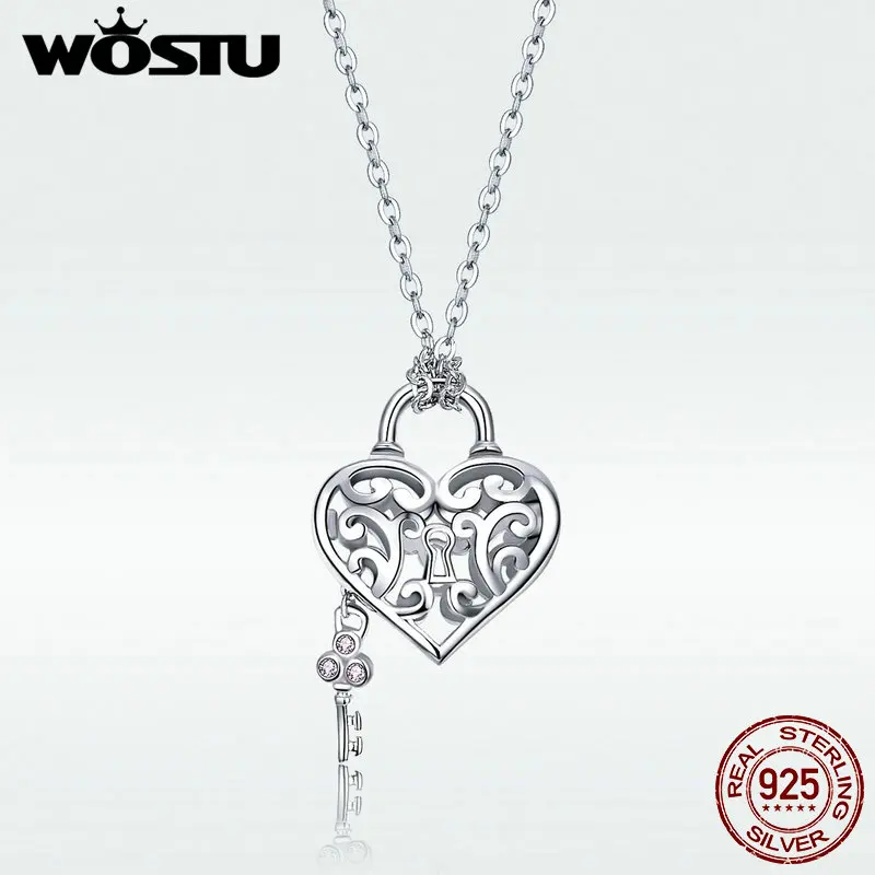 WOSTU Романтический 100% Серебро 925 пробы сердце замок ожерелье с подвеской в виде ключа Длинная цепочка для Для женщин свадебные ювелирные
