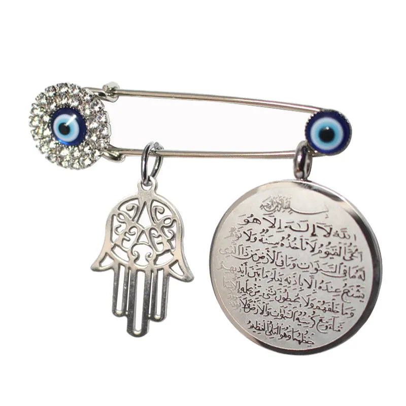 

ZKD muslim islam hamsa hand of fatima AYATUL KURSI Allah Turkish evil eye Scarf Hijab crystal Stainless Steel Pin brooch