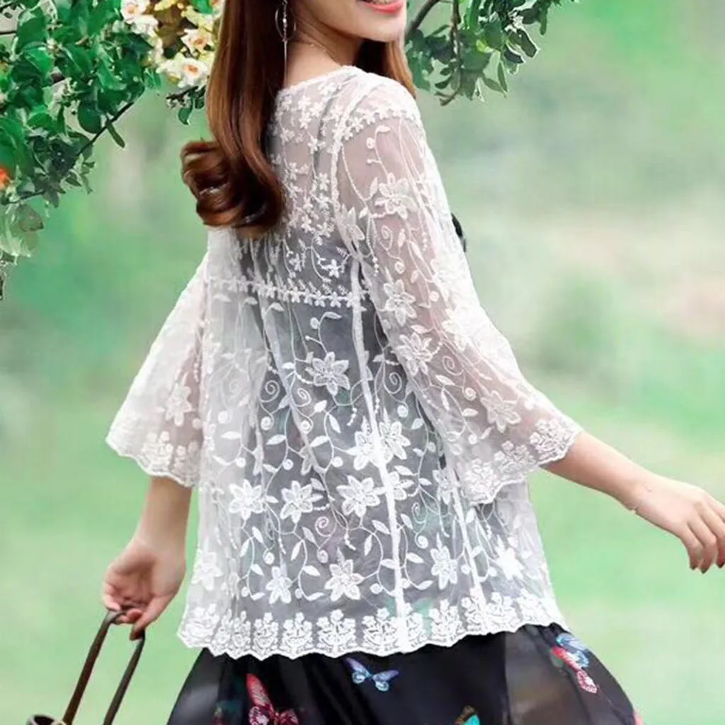 

Spring Autumn Women Vintage Cardigan Ladies Lace Hollow Out Cardigan Jacket Bikini Beach Sunscreen Boho Blouse Clothing #709