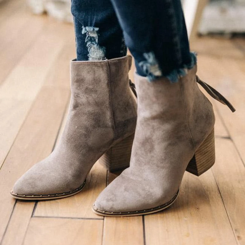 

Puimentiua New Comfort Casual Large Size Ankle Boots Zipper pointed toe Shoes Women Solid Color Flock Med Heel Female Shoes