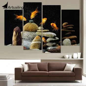 

4 Panel Canvas Art Canvas Painting Fish Aquarium Stones HD Printed Wall Art Poster Home Decor Pictures for Living Room XA089C