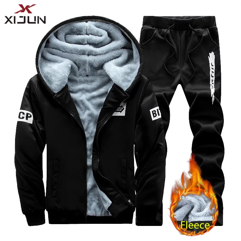 Xijun 2PCS Fashion Brand-Clothing Sweatshirt Men Tracksuit Men Set hoodies and pants men Winter Fleece Thick Hooded Clothes me