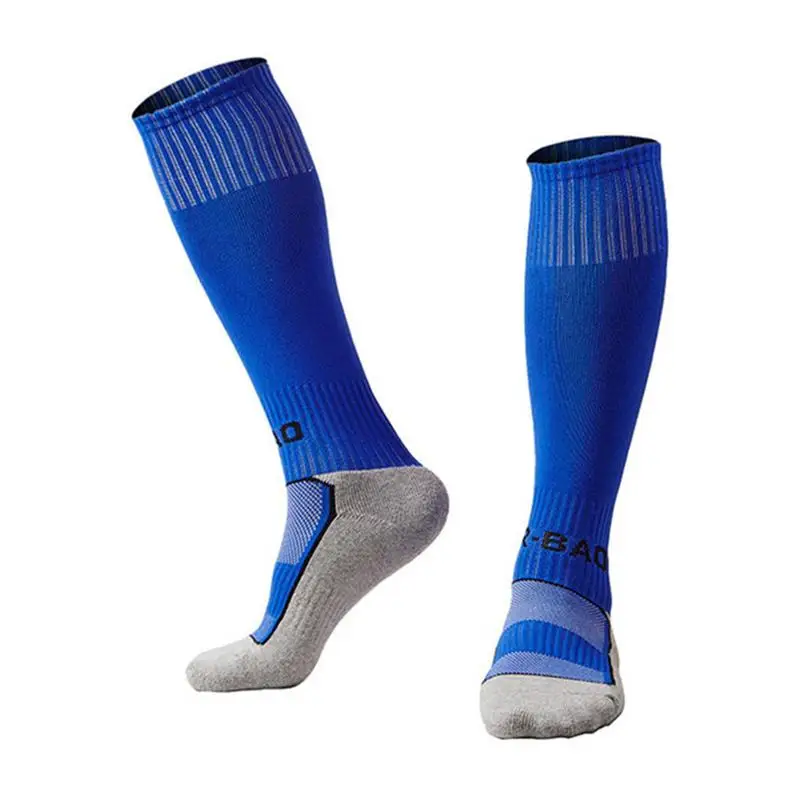 ; детские футбольные носки с махровой подошвой; футбольный носок для мальчиков; Детские однотонные носки выше колена; длинные футбольные Гольфы; Прямая поставка - Цвет: Синий