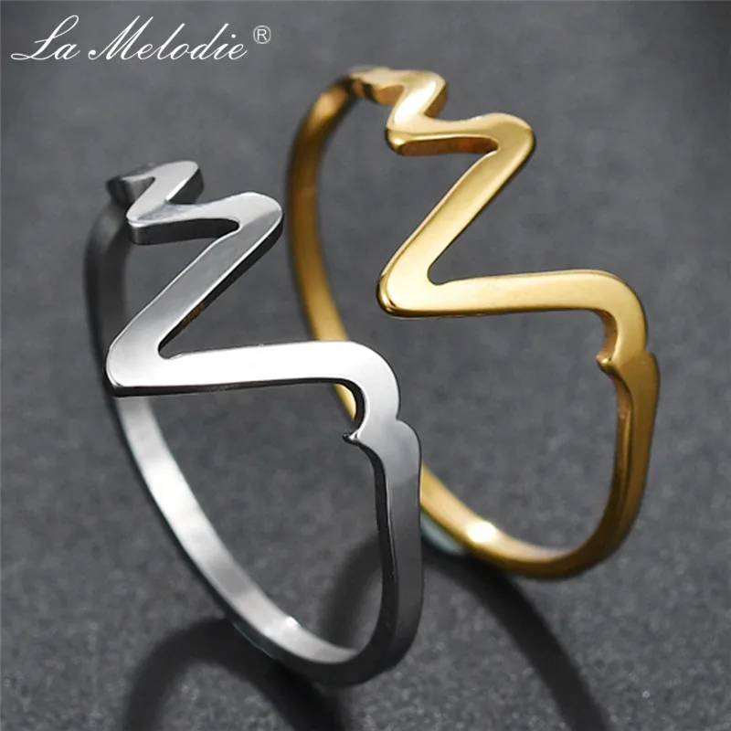 

New Minimalist Gold Silver 316L Stainless Steel ECG Heart Beat Fingers Rings Electrocardiogram Cardiogram Rings For Women Men