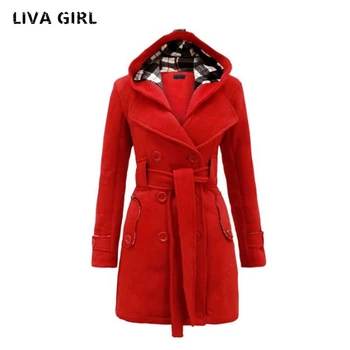 

Liva Girl New women's autumn and winter fashion hooded Imitation wool coat long section of double-breasted solid color Slim coat