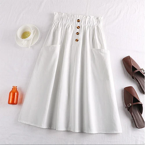 TIGENA, летняя женская юбка средней длины из хлопка с карманом, корейская мода, высокая талия, длина до колен, школьная юбка, женская, розовая, желтая - Цвет: Белый