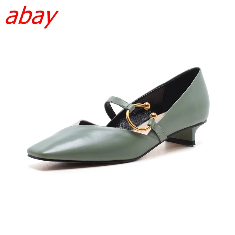 

abay Small heel shoes female 2018 new leather Korean style fashion cat with single shoes retro square head women's shoes