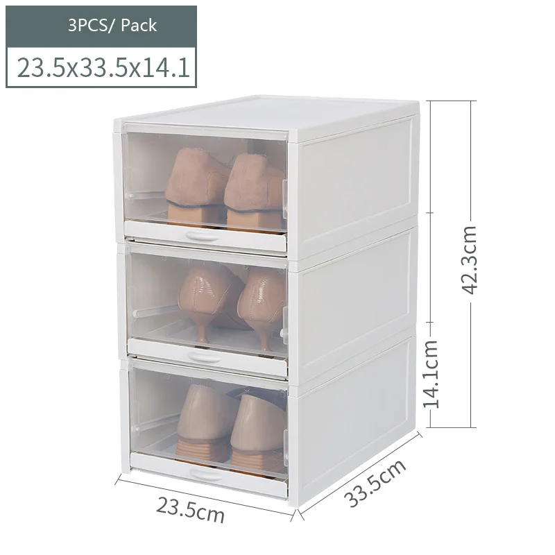 

Plastic Pull Shoe Storage Box 3PCS Container Case Transparent Clear Stackable Shoes Boxes Cabinet Organizer Flip Drawer
