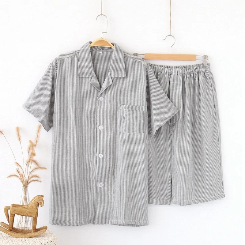 

2019 Summer Men Casual Pajama sets Men's Turn-down Collar shirt & half pants Male 100% Cotton sleepwear suit Plus size Pijamas