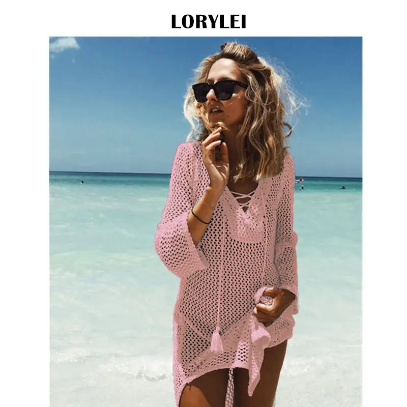 

Sexy Lace Up Knit Croceht Beach Tunic Women Summer Beachwear Bikini Cover Up Plus Size Tassel Mesh Mini Dress pareo plage N188