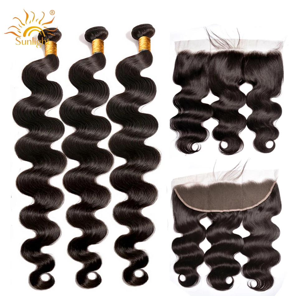 

30 40 Inch Peruvian Body Weave 3 Bundles With 13x4 Lace Frontal Closure Sunlight Human Hair Extension Non Remy