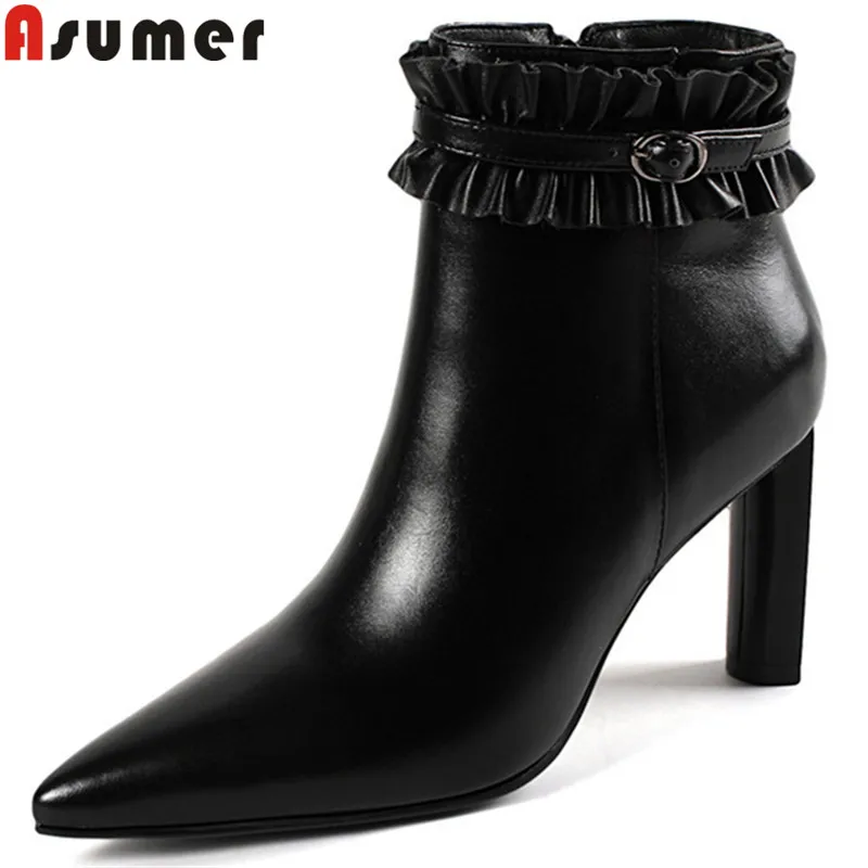 

ASUMER 2018 fashion new ankle boots for women pointed toe zip genuine leather boots ruffles elegant ladies prom boots big size